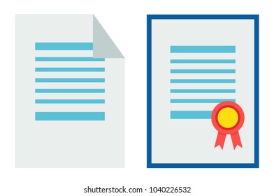 Certificate and paper set, collection of pages with colorful image as sign of quality, certificates vector illustration isolated on white background
