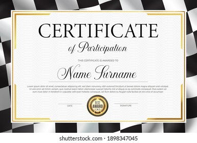 Certificate Of Participation, Diploma Vector Template With Black And White Chequered Rally Flag. Racing Victory Success Celebration Diploma For Best Result Achievement. Race Winner Award Border Design