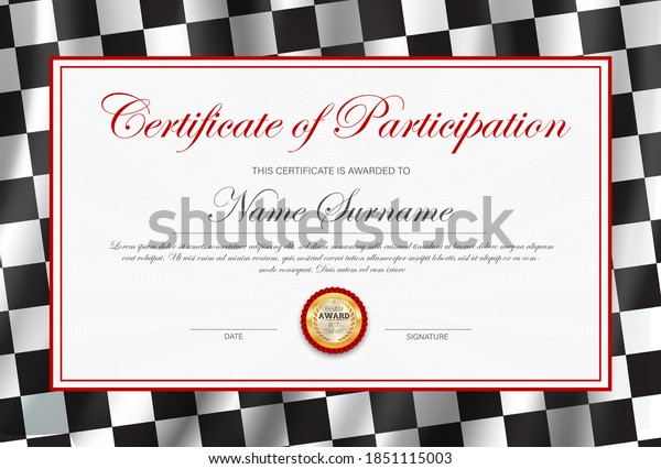 Certificate of participation, diploma vector
template with black and white chequered rally flag. Race winner
award border design, racing victory success celebration diploma for
best result
achievement