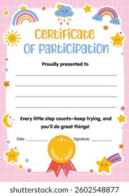 Certificate of participation for kids in competitions, workshops. Kids diploma, template appreciation certificate in school preschool kindergarten, summer camp. Certificate of achievement, completion