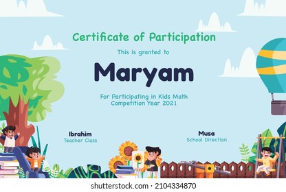 Certificate of participation student in school kids orange color badge design template with kids children illustration outdoor sky garden 