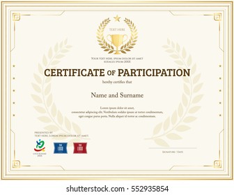 Certificate Of Participation Template In Gold Theme With Trophy And Laurel Watermark
