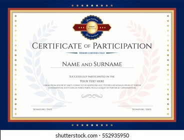 Certificate of participation template with laurel background and blue border