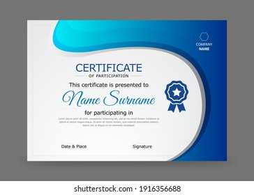 Certificate of participation template. Modern blue colour certificate with badge.