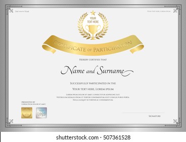 Certificate Of Participation Template In Silver Border With Golden Award Trophy And Laurel On Top