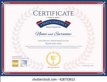 Certificate of participation template in sport theme with gold trophy seal on award wreath