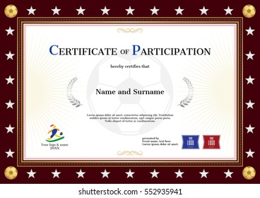 Certificate of participation template in sport theme for football event with red brown border