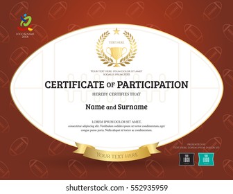 Certificate of participation template in sport theme with rugby ball shape and background