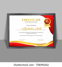 Certificate of participation template with yellow and red abstract design and badge.