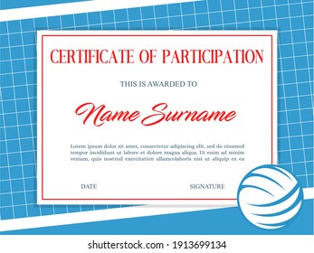 Certificate of participation in volleyball tournament. Sports club diploma vector template. Sport award or achievement border design with ball and basket. School league or beach volleyball competition