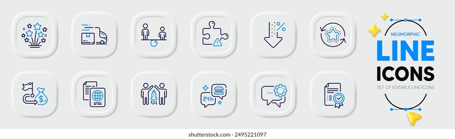 Certificate, Partnership and Financial goal line icons for web app. Pack of Food delivery, Loyalty points, Equity pictogram icons. Delivery truck, Low percent, Fireworks stars signs. Vector