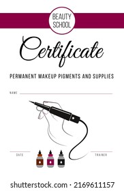Certificate of permanent make-up master. Tattoo Makeup Certificate Template. Diploma in the course permanent make-up supplies and pigments. svg