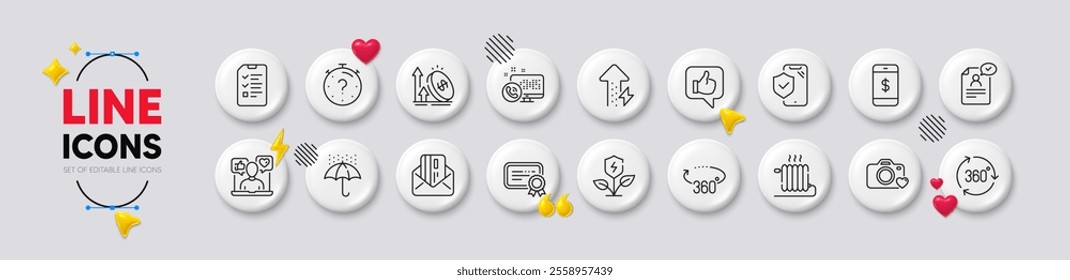 Certificate, Photo camera and Social media line icons. White buttons 3d icons. Pack of Waterproof umbrella, Energy growing, Resume document icon. Interview, Web call, Excise duty pictogram. Vector