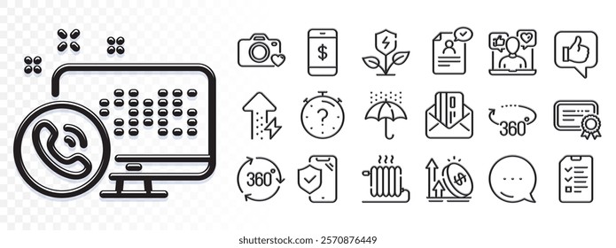 Certificate, Photo camera and Social media line icons for web app. Glare of light effect. Message icon. Pack of Waterproof umbrella, Energy growing, Resume document pictogram icons. Vector