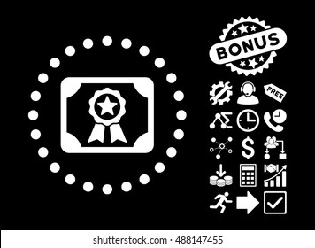 Certificate pictograph with bonus pictograph collection. Vector illustration style is flat iconic symbols, white color, black background.