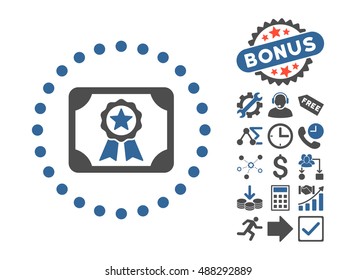 Certificate pictograph with bonus design elements. Vector illustration style is flat iconic bicolor symbols, cobalt and gray colors, white background.