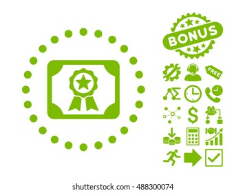 Certificate pictograph with bonus images. Vector illustration style is flat iconic symbols, eco green color, white background.