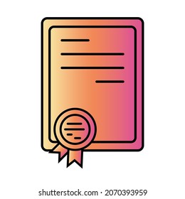 Certificate in pink gradient and black outline. Quality confirmation sign icon. Education document. Modern flat design. Vector.
