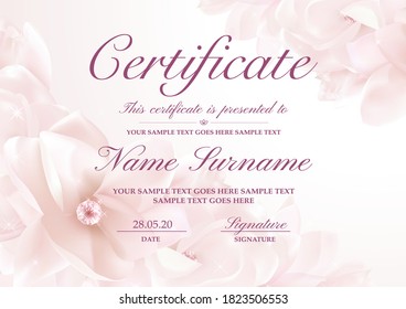 Certificate with pink magnolia flowers on background. Floral holiday design template useful for Diploma, voucher, award design