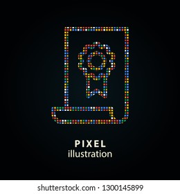 Certificate - pixel icon. Vector Illustration. Design logo element. Isolated on black background.