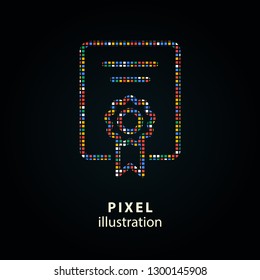 Certificate - pixel icon. Vector Illustration. Design logo element. Isolated on black background.