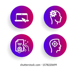 Certificate, Portable computer and Engineering icons simple set. Halftone dots button. Recruitment sign. Certified guarantee, Notebook device, Cogwheel head. Headhunter aim. Business set. Vector