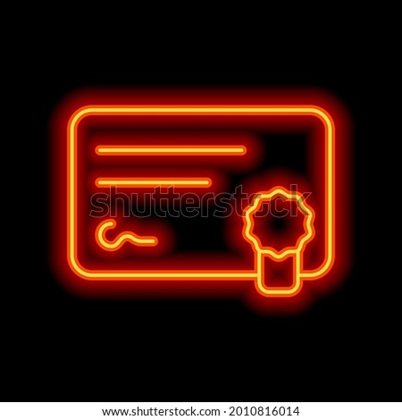 Certificate of premium quality, license with seal, business icon. Orange neon style on black background. Light linear icon with editable stroke
