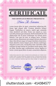 Certificate. Printer friendly. Complex design. Detailed. Pink color.