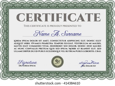 Certificate. Printer friendly. Complex design. Detailed. Green color.