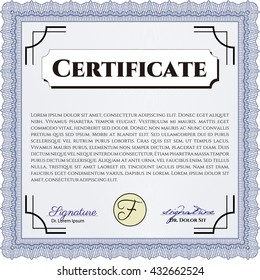 Certificate. Printer friendly. Complex design. Detailed. Blue color.