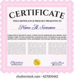 Certificate. Printer friendly. Detailed. Complex design. Pink color.