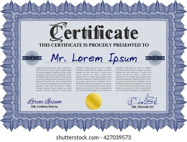 Certificate. Printer friendly. Detailed. Complex design. Blue color.