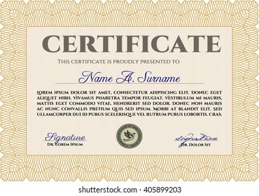 Certificate. Printer friendly. Detailed. Nice design. Orange color.