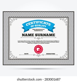 Certificate of quality. Chat sign icon. Speech bubble with three dots symbol. Communication chat bubble. Template with vintage patterns. Vector