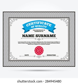 Certificate of quality. Check mark sign icon. Yes circle symbol. Confirm approved. Template with vintage patterns. Vector