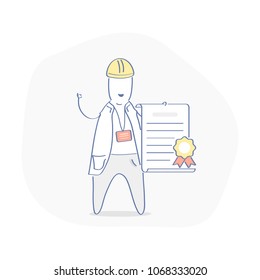 Certificate of quality, construction license icon concept. Cute cartoon character, handyman or builder with contract in his hand. He says that everything will be done perfectly. Flat outline vector.