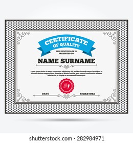 Certificate of quality. Fireworks with rocket sign icon. Explosive pyrotechnic symbol. Template with vintage patterns. Vector