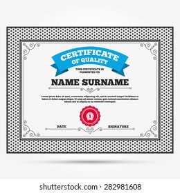 Certificate of quality. First place award sign icon. Prize for winner symbol. Template with vintage patterns. Vector