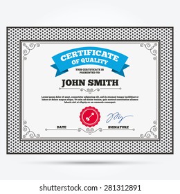 Certificate of quality. Key sign icon. Unlock tool symbol. Template with vintage patterns. Vector
