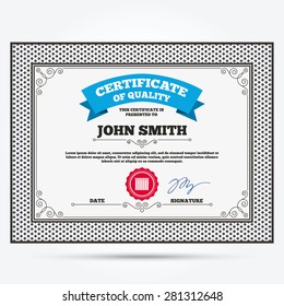 Certificate of quality. Louvers vertical sign icon. Window blinds or jalousie symbol. Template with vintage patterns. Vector