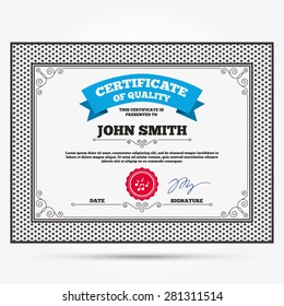 Certificate of quality. Music notes sign icon. Musical symbol. Template with vintage patterns. Vector