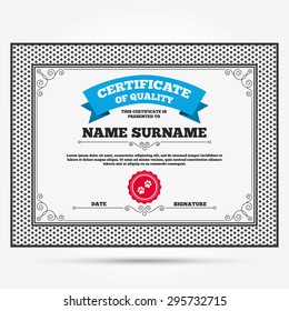 Certificate of quality. Paw sign icon. Dog pets steps symbol. Template with vintage patterns. Vector