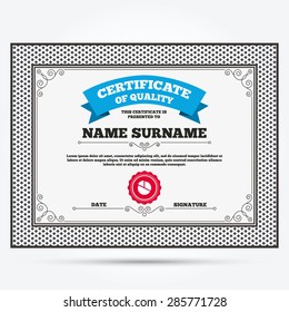 Certificate of quality. Pie chart graph sign icon. Diagram button. Template with vintage patterns. Vector