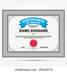 Certificate of quality. Scissors cut hair sign icon. Hairdresser or barbershop symbol. Template with vintage patterns. Vector