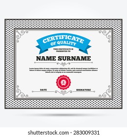 Certificate of quality. Second place award sign icon. Prize for winner symbol. Template with vintage patterns. Vector