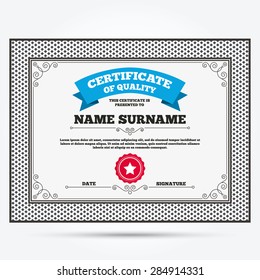 Certificate of quality. Star sign icon. Favorite button. Navigation symbol. Template with vintage patterns. Vector
