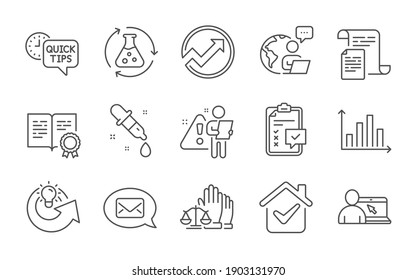 Certificate, Quick tips and Messenger line icons set. Diagram graph, Chemistry experiment and Chemistry pipette signs. Online education, Checklist and Court jury symbols. Line icons set. Vector