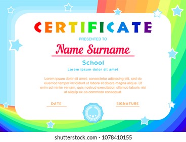 certificate with a rainbow,the sky and stars in a cartoon style(background for baby announcements diploma, certificate, certificate, coupon)