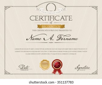 Certificate Of Recognition With Laurel Wreath. Elegant Frame. Beige.