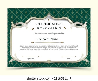 Certificate of Recognition template. Abstract white frame plus white smooth rip curl edges on green tradition Thai pattern background. Vector Illustration EPS10